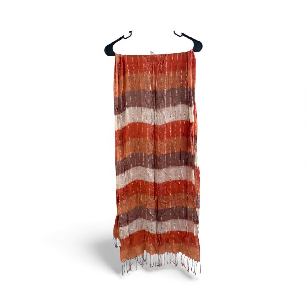 Striped Lightweight Fringe Scarf Orange Brown Ombre 78x24‎